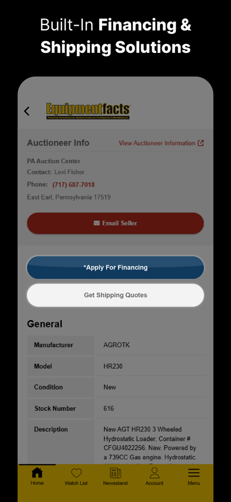 Equipmentfacts Live Auctions - Pantalla de la aplicación Equipmentfacts que muestra un listado de cargador con botones integrados de financiación y envío