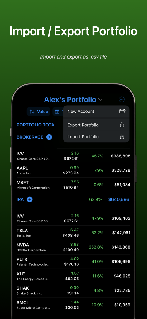 My Pocket Portfolio - Interface of My Pocket Portfolio app showing options to import and export stock portfolios as CSV files.