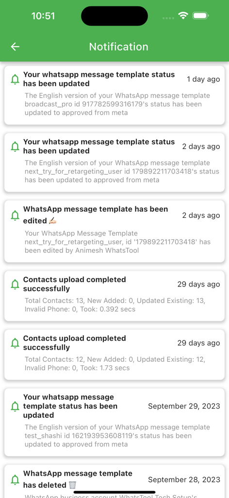 WhatsTool Business - Écran de notification montrant les mises à jour de statut des modèles WhatsApp et l'historique de téléchargement des contacts
