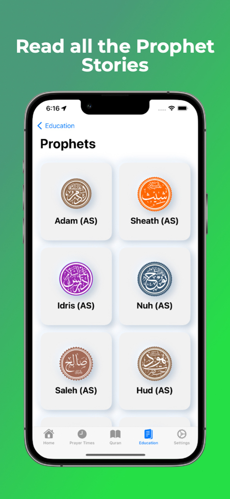 House of Islam - House of Islam mobile app interface showing the Prophet Stories education menu with various prophets listed like Adam and Idris