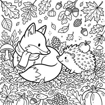 Celebrate the beauty of autumn with this charming coloring page featuring a snuggly fox and a friendly hedgehog. Surrounded by fall leaves and harvest delights, it's a perfect activity for a cozy day.