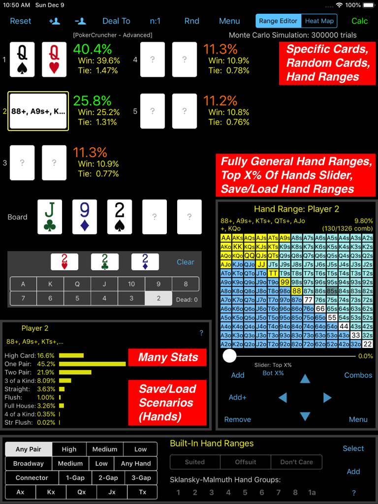 PokerCruncher for iPad - Adv - PokerCruncher for iPad showing advanced hand range analysis and win odds calculator