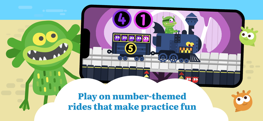 A children's math game screen showing a monster driving a train with number-themed levels for early learning.