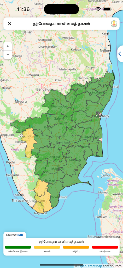 A map of Tamil Nadu in the TN-Alert app showing current weather warning levels for different districts using a color-coded legend.