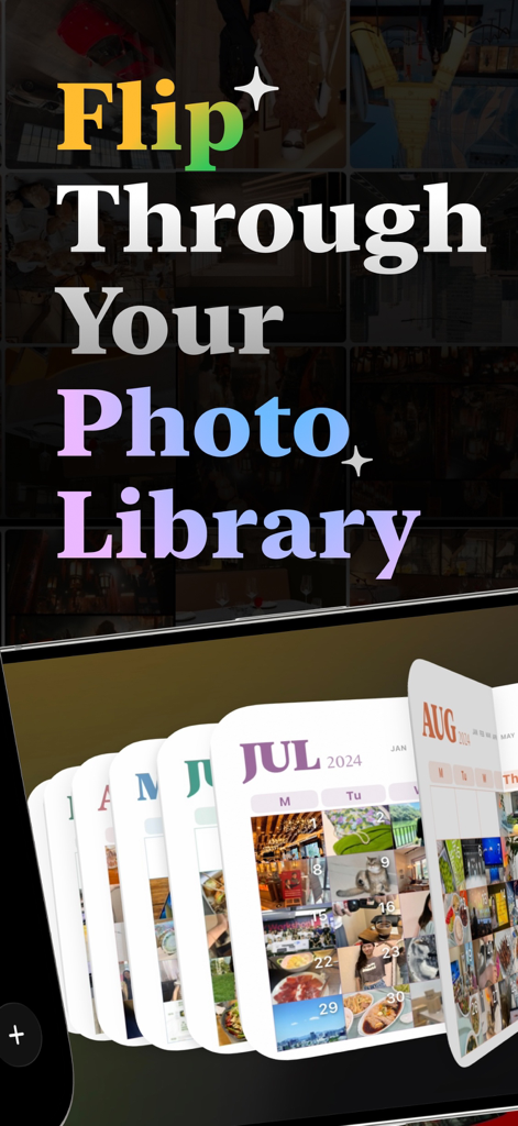 An interactive 3D photo flip book showing a calendar view of images organized by month.