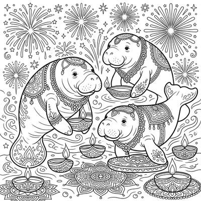 Immerse yourself in a heartwarming fusion of gentle manatees and vibrant Diwali celebrations with this enchanting coloring page. Discover intricate patterns, sparkling diyas, and festive fireworks, all ready for your creative touch.