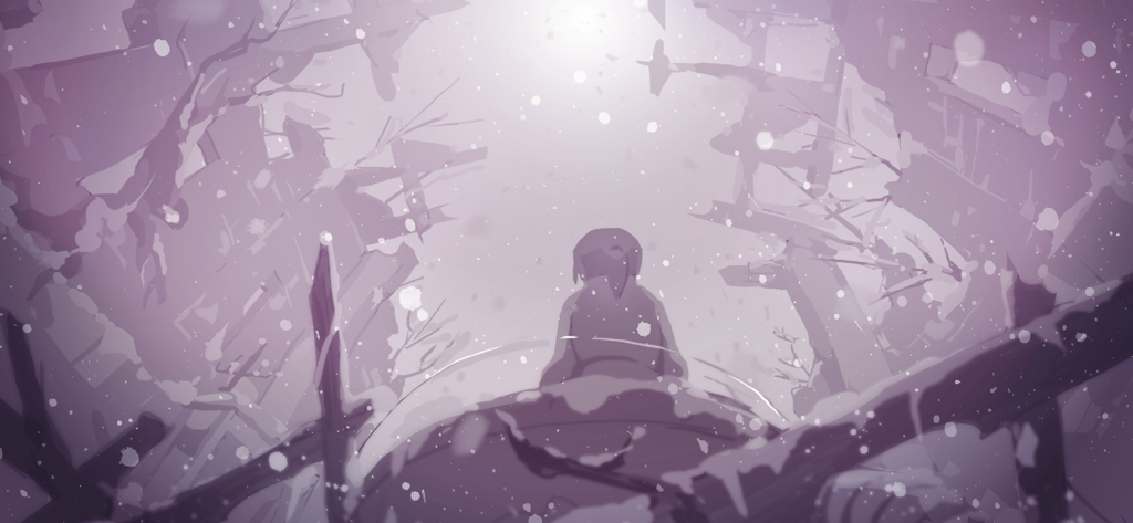 A lone character sits in a snowy post-apocalyptic landscape with a purple tint.