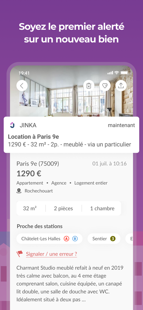 Jinka - Achat & Location Immo - A mobile phone showing a real-time push notification from Jinka for a new apartment rental in Paris.