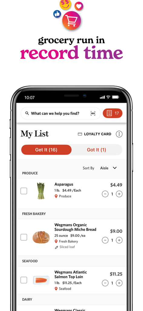 Wegmans - Digital shopping list in the Wegmans app organized by department and aisle for efficient shopping