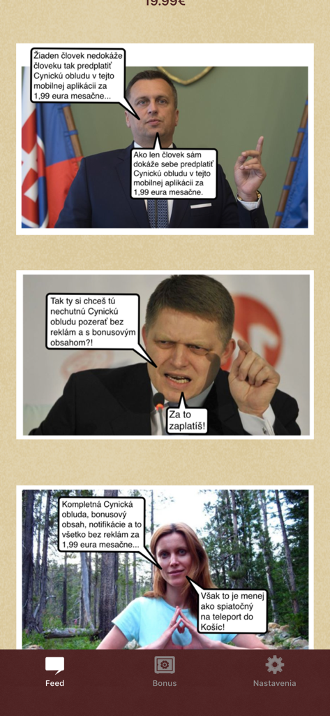 A mobile app feed displaying three satirical political memes with Slovak text in speech bubbles.