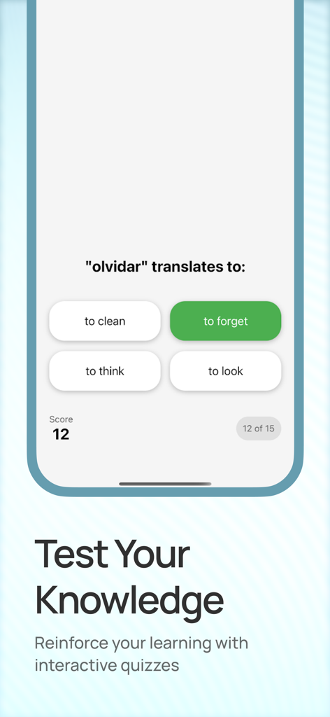Keymagine - Interactive vocabulary quiz screen in the Keymagine language learning app