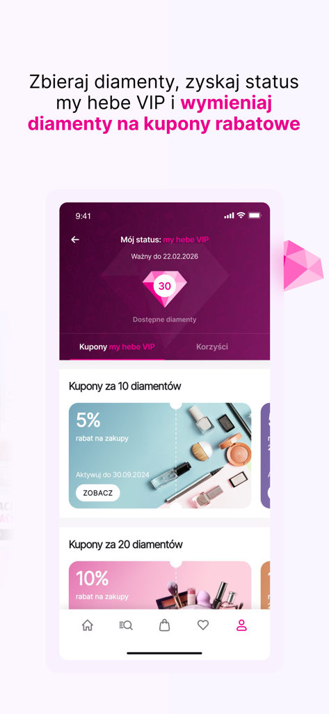 hebe - zdrowie i piękno - Treueprogramm-Bildschirm der Hebe-Mobil-App mit VIP-Status und Rabattgutscheinen für Diamantenpunkte.