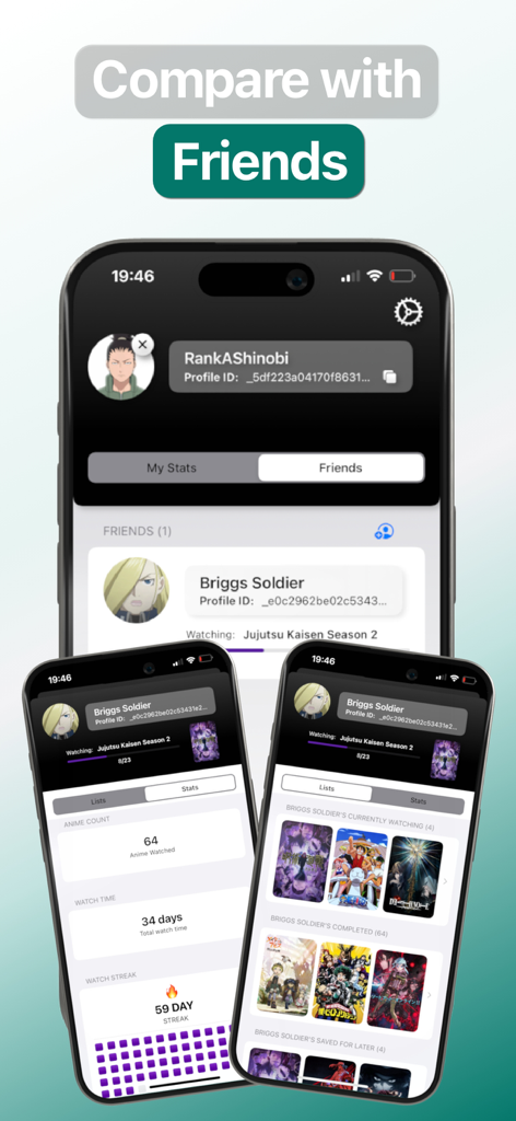 Anime Tracker: Anime List - Interface of the Otracku app showing friends list and shared anime watching statistics