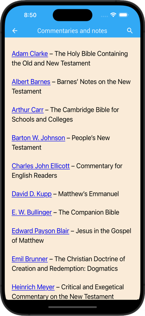 inWORD Bible - A screen from the inWORD Bible app displaying a list of available biblical commentaries and theological notes by various authors