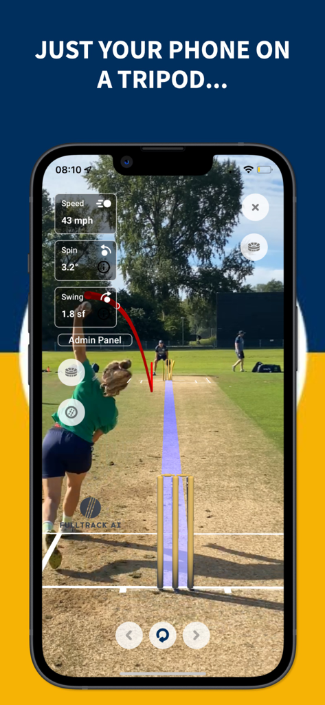 Fulltrack AI smartphone app interface showing cricket ball speed trajectory and performance data analytics