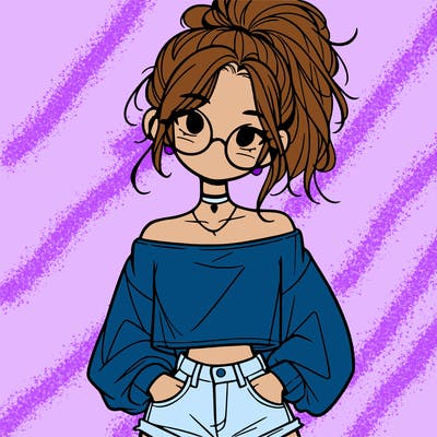 girl with a messy ponytail glasses a baggy crop top and jean shorts