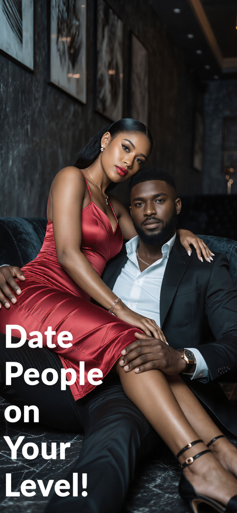 BlackGentry: Black Dating App - An elegant Black couple in formal wear with the text Date People on Your Level