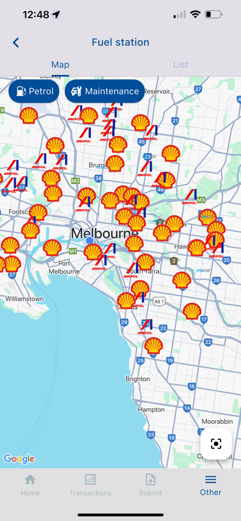 LeasePLUS - LeasePLUSアプリインターフェイスには、ShellとAmpolの燃料スタンドの場所を示すメルボルンの地図が表示されます