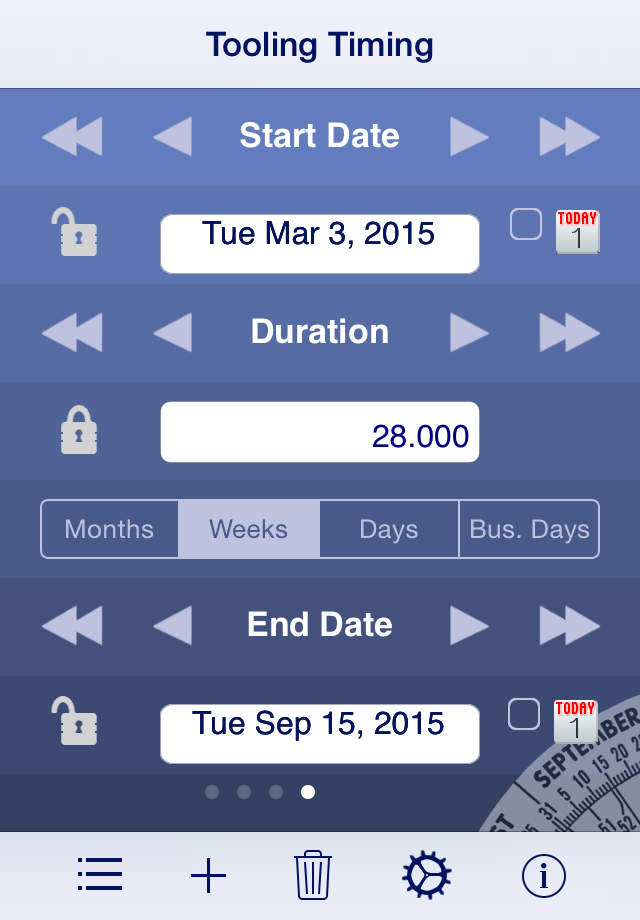 Date Wheel date calculator - Date Wheel app interface showing a calculation for tooling timing with start date duration in weeks and end date