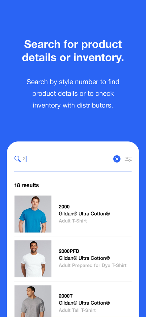 Gildan Product Locator - Mobile app interface showing search results for Gildan Ultra Cotton t-shirts with style numbers and inventory details