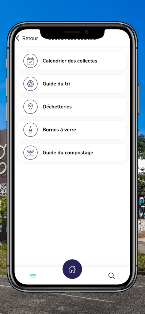CACL 6-en-1 - Menú de gestión de residuos de la aplicación móvil CACL 6-en-1 con guía de clasificación del calendario de recogida y ubicaciones de centros de reciclaje