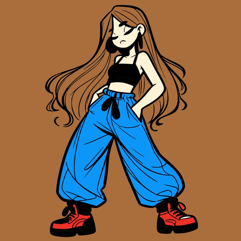 girl in baggy pants crop top and long hair