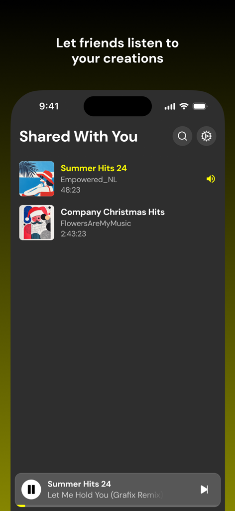Captura de pantalla de la aplicación DJ.Studio Mobile mostrando mezclas de música compartidas y pantalla de reproducción