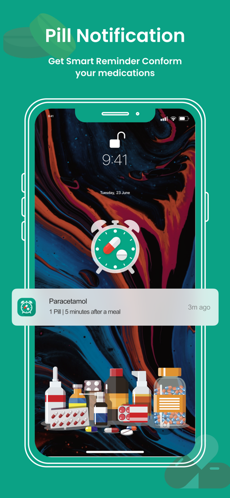 Pill Reminder & Tracker - iPhone lock screen showing a pill reminder notification for Paracetamol from the Pill Reminder and Tracker app