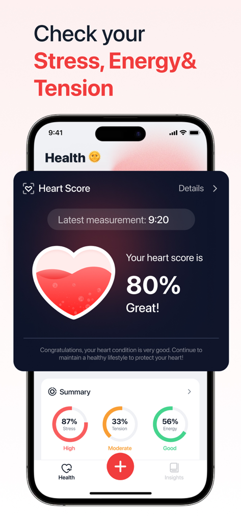 iHeart-Pulse Rate Monitor App. - iHeart-App zeigt einen Herz-Score von 80 Prozent und überwacht Stressenergie- und Spannungslevel
