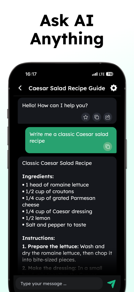 AI Chat - Smart AI Assistant - A screenshot of the AI Chat app interface showing a conversation where the AI provides a classic Caesar salad recipe.