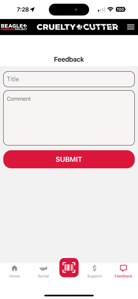 Cruelty Cutter - The feedback screen of the Cruelty Cutter app featuring a title and comment form