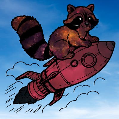 realistic raccoon flying on top rocket ship
