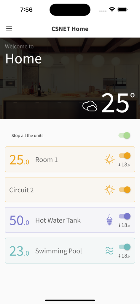 CSNET Home - CSNET Home app dashboard showing temperature controls for home zones including hot water tank and swimming pool