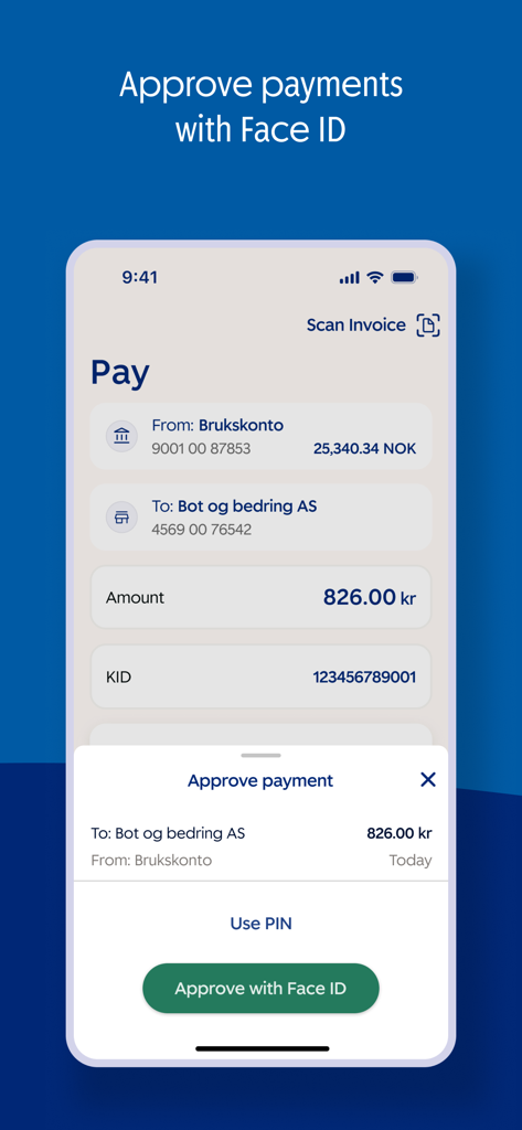SpareBank 1 Mobilbank - Payment approval screen in the SpareBank 1 Mobilbank app featuring Face ID biometric authentication