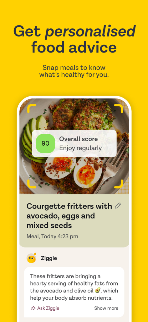 ZOE Health: AI Meal Tracker - ZOE Health app showing a meal photo of courgette fritters with a health score of 90 and personalized AI nutrition advice from Ziggie