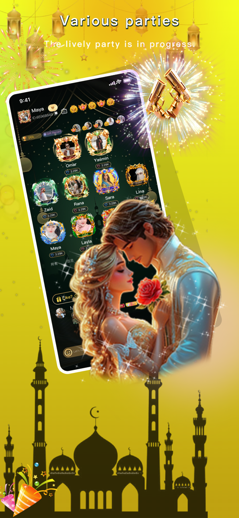 Heyo Chat-Party games - Un salon de discussion vocale animé dans l'application Heyo Chat montrant des avatars d'utilisateurs avec des cadres de luxe et un arrière-plan d'illustration romantique.