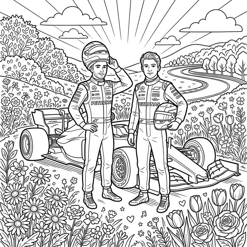 Experience the thrill of Formula 1 combined with the beauty of spring in this unique coloring page. Two F1 drivers stand poised amidst a vibrant floral landscape, ready for your artistic touch.