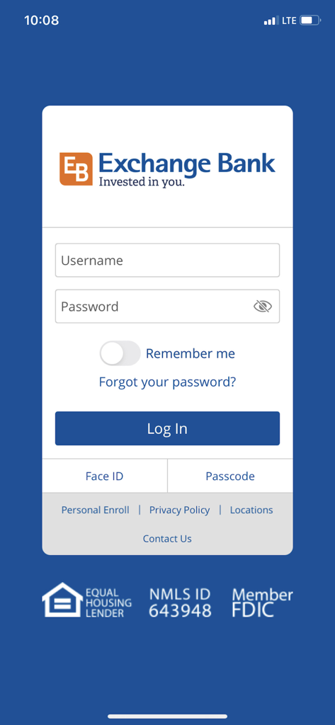 Exchange Bank mobile banking login screen with username and password fields