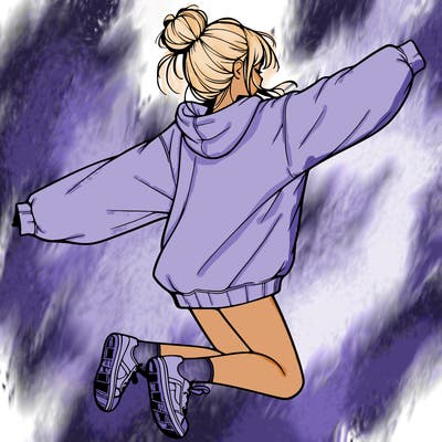 realistic girl jumping with a bun and oversized sweatshirt