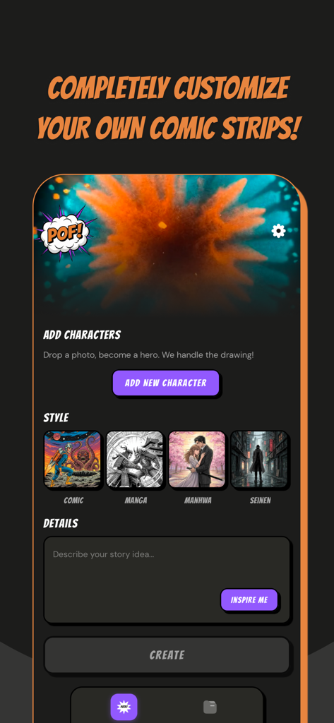 POF: Comic Maker - POF Comic Maker app interface showing options to add characters and select comic styles like Manga and Manhwa