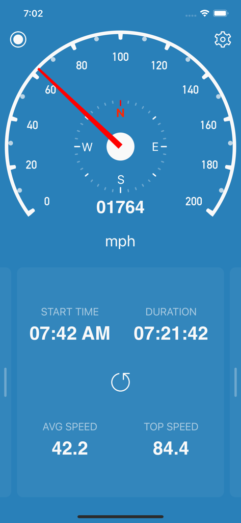 Analog speedometer interface showing current speed in mph and trip statistics