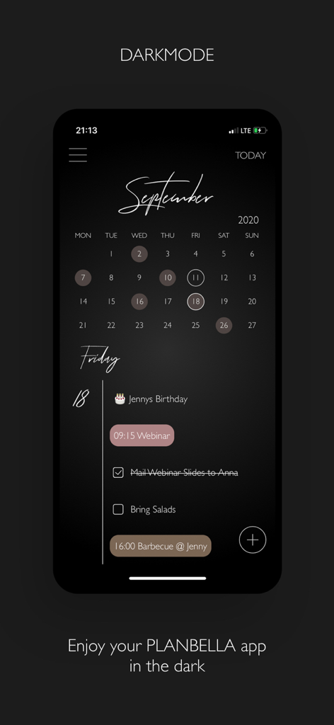 PLANBELLA - Planner App - PLANBELLA app interface featuring a dark mode aesthetic planner with a monthly calendar and daily task list