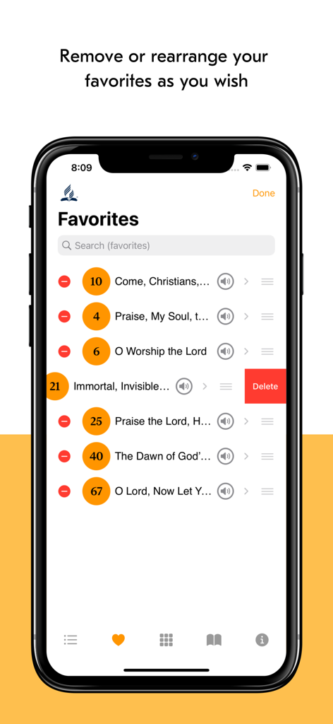 SDA Hymns - A screenshot of the SDA Hymns app showing the Favorites management screen where users can remove or rearrange their favorite hymns.