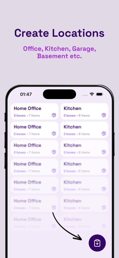Inventory & Storage Organizer - Mobile app screen showing a list of storage locations like Home Office and Kitchen with item and box counts.