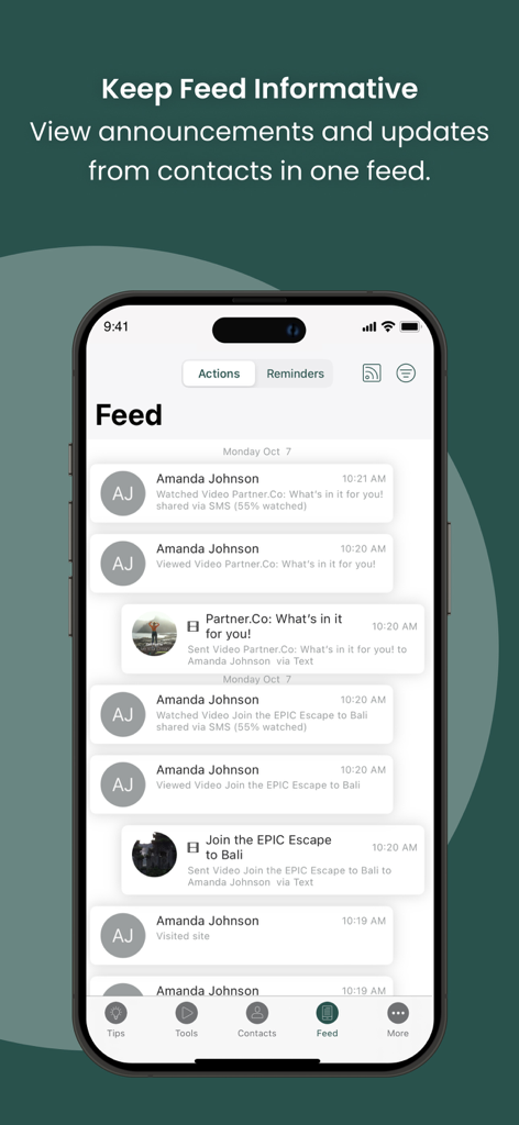Partner.Co Share - Flux d'activité Partner.Co Share affichant le suivi de l'engagement des contacts et des vues de vidéos