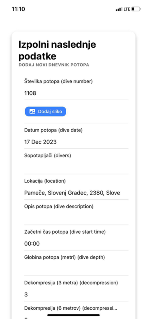 SPZ App - Mobile app interface of SPZ App showing a digital dive log form with fields for dive number, date, location, and decompression data.
