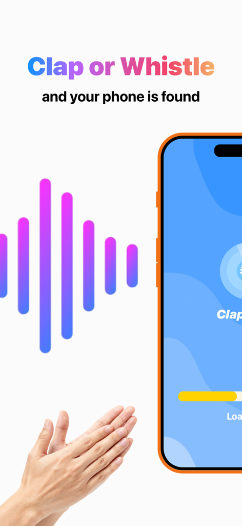 A screenshot showing hands clapping and a sound wave with the text Clap or Whistle and your phone is found for the ClapTrack app