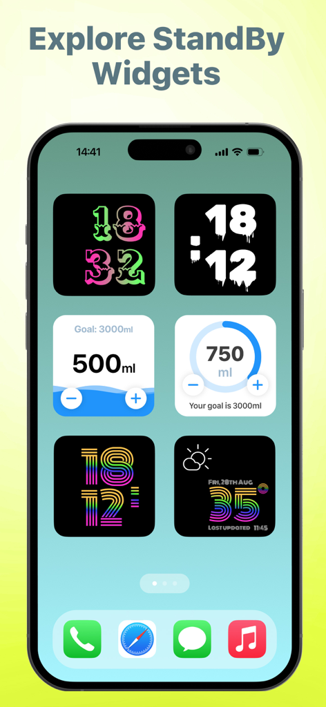 Widget Box Interactive Widgets - Pantalla de smartphone que muestra varios widgets interactivos StandBy, incluidos relojes estilizados y un rastreador de agua.