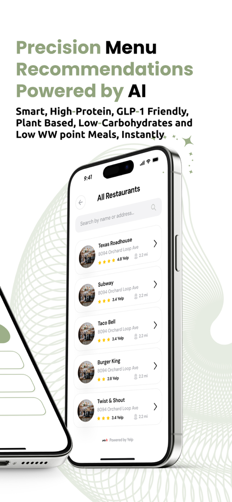 Menu Order AI: Find GLP1 Meals - Menu Order AI app screen showing a list of nearby restaurants for GLP-1 friendly and high-protein meal options.