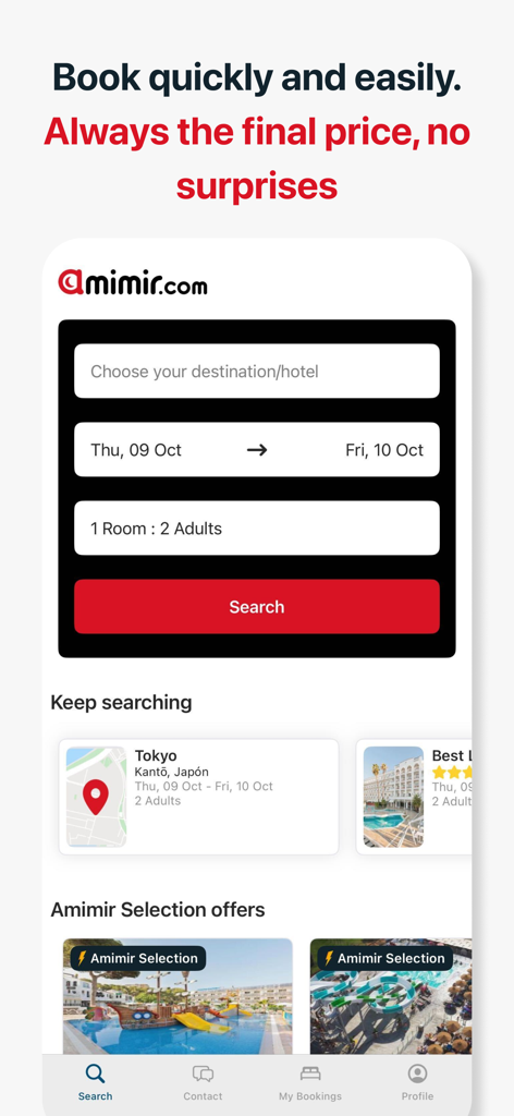 Amimir - Hotel Deal Searcher - Amimir app interface showing hotel search form with destination date and guest selection